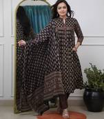 black handblock floral printed cotton flared anarkali suit set