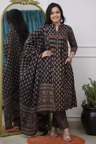 black handblock floral printed cotton flared anarkali suit set