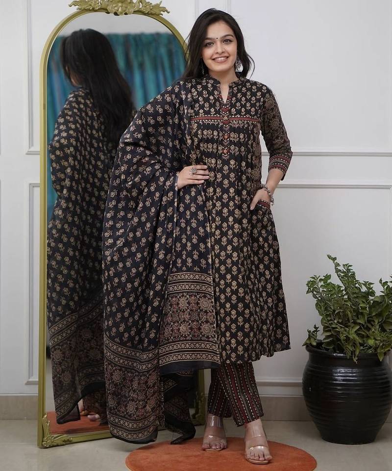 black handblock floral printed cotton flared anarkali suit set