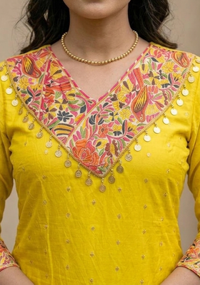 mustard yellow embroidered chanderi straight kurta pant set with dupatta 2