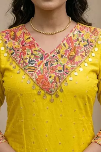 mustard yellow embroidered chanderi straight kurta pant set with dupatta