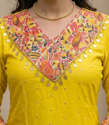 mustard yellow embroidered chanderi straight kurta pant set with dupatta