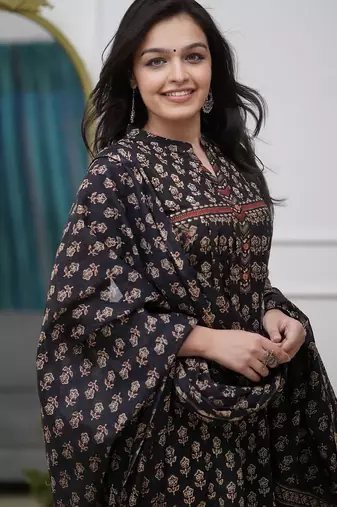 black handblock floral printed cotton flared anarkali suit set
