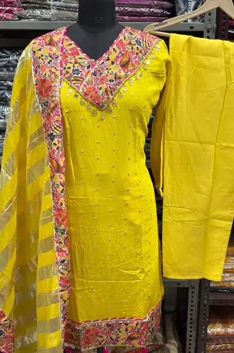 mustard yellow embroidered chanderi straight kurta pant set with dupatta