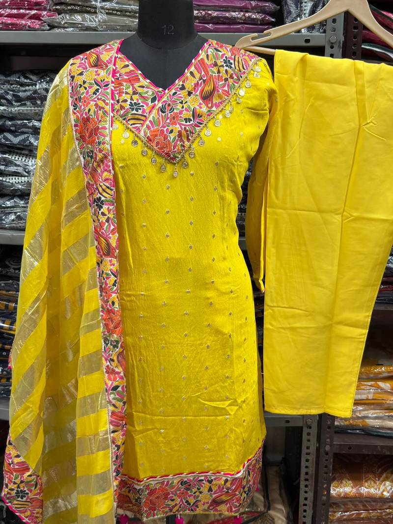 mustard yellow embroidered chanderi straight kurta pant set with dupatta