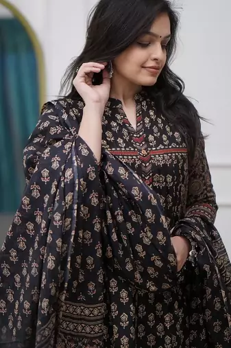 black handblock floral printed cotton flared anarkali suit set