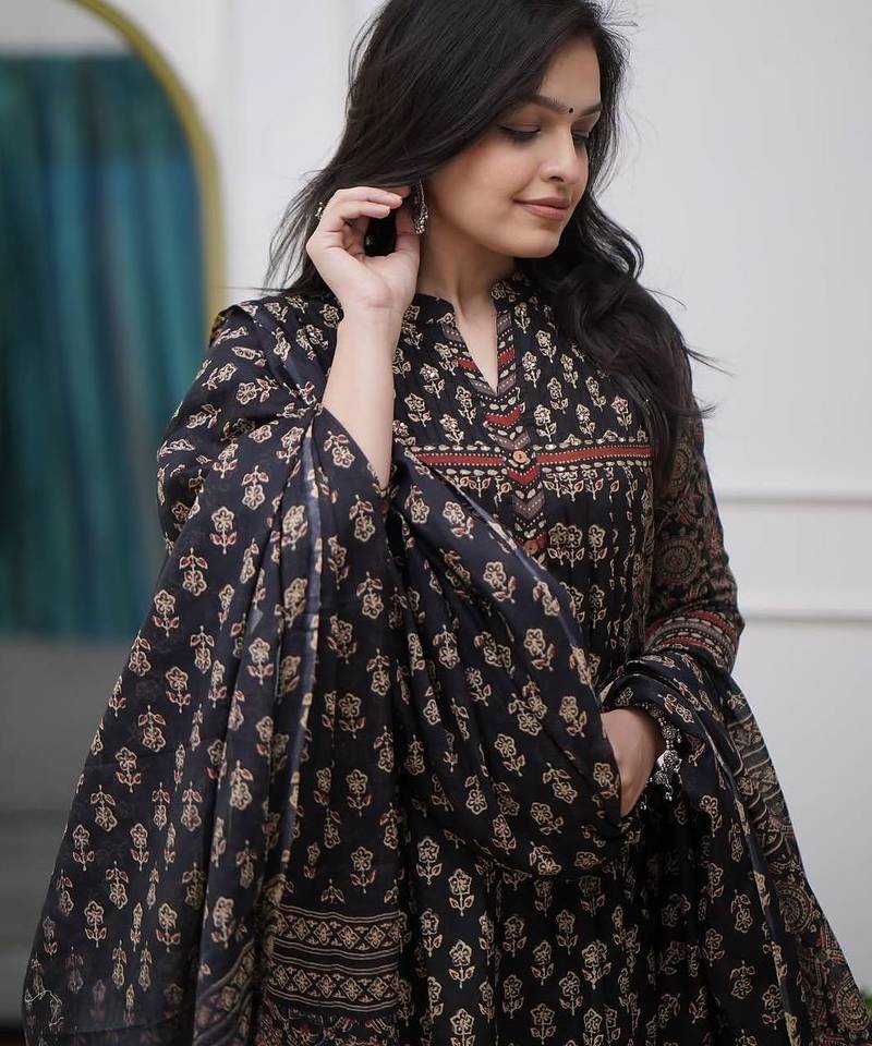 black handblock floral printed cotton flared anarkali suit set