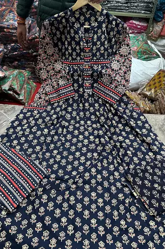 black handblock floral printed cotton flared anarkali suit set