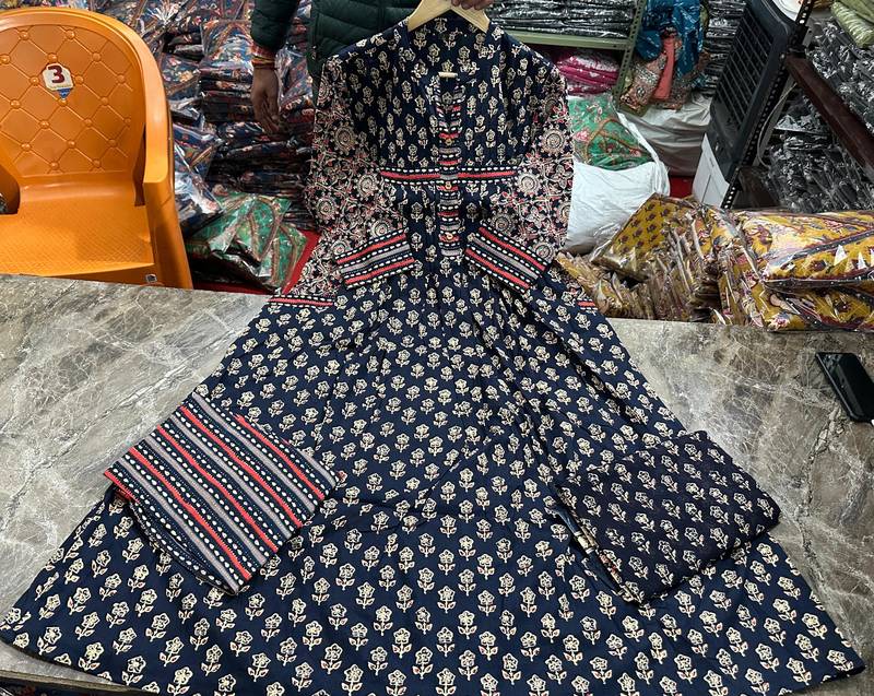 black handblock floral printed cotton flared anarkali suit set
