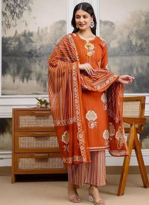 rust orange hand block floral printed pintex work cotton straight kurta set 1