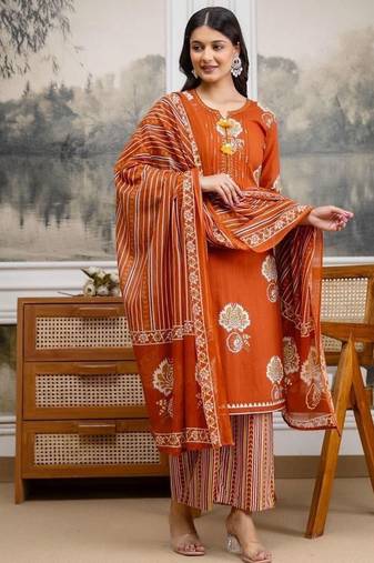 rust orange hand block floral printed pintex work cotton straight kurta set