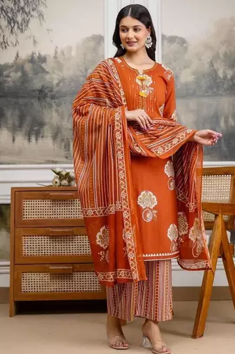 rust orange hand block floral printed pintex work cotton straight kurta set