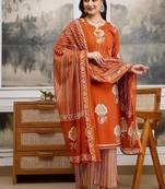 rust orange hand block floral printed pintex work cotton straight kurta set