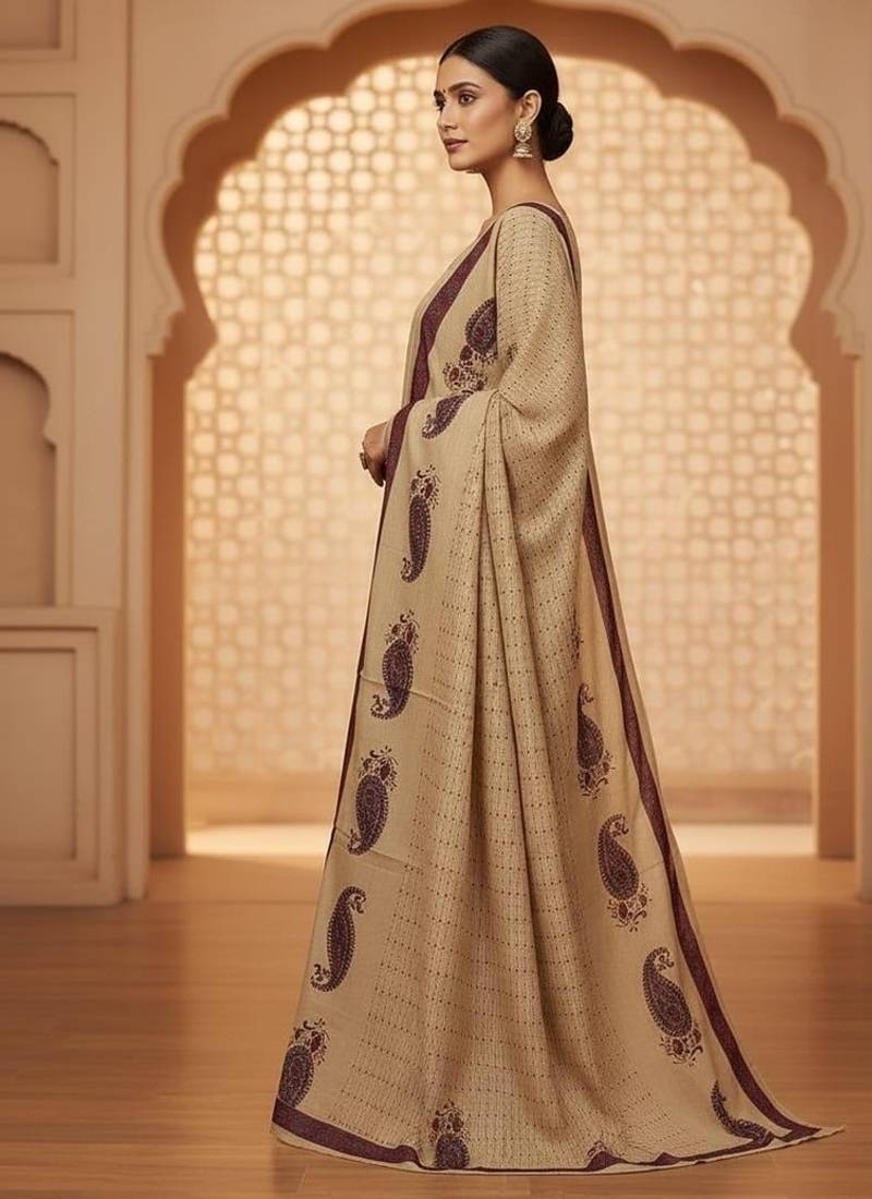 beige & maroon paisley printed cotton straight salwar suit set