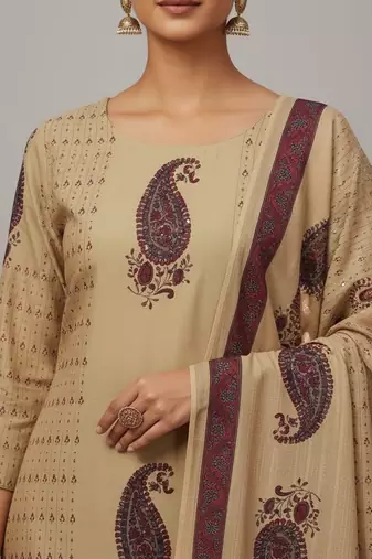 beige & maroon paisley printed cotton straight salwar suit set