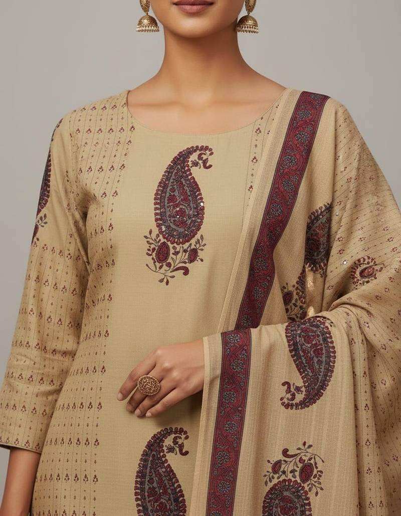 beige & maroon paisley printed cotton straight salwar suit set