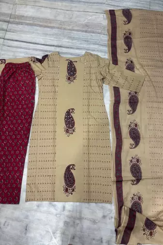 beige & maroon paisley printed cotton straight salwar suit set