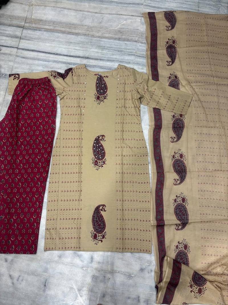beige & maroon paisley printed cotton straight salwar suit set
