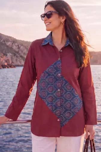  maroon cotton patch work shirt