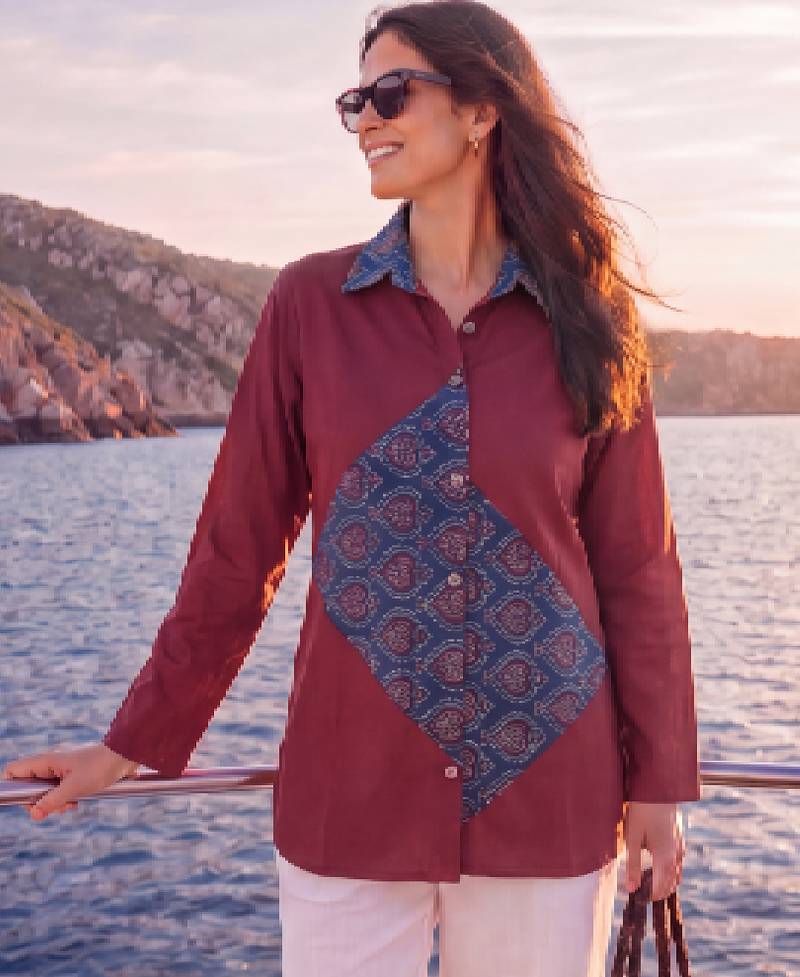  maroon cotton patch work shirt