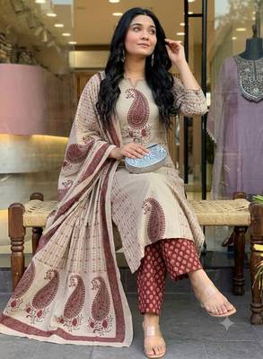 cream & maroon paisley hand block print cotton straight kurta palazzo set with dupatta 2