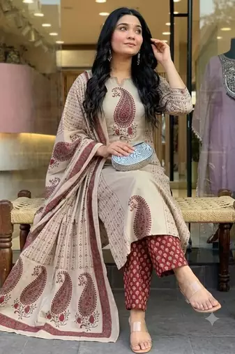 cream & maroon paisley hand block print cotton straight kurta palazzo set with dupatta