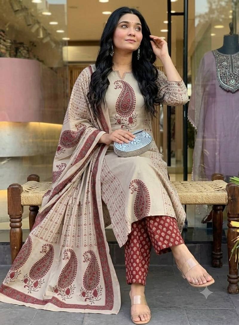 cream & maroon paisley hand block print cotton straight kurta palazzo set with dupatta