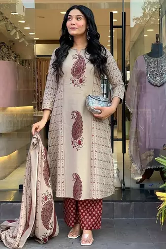 cream & maroon paisley hand block print cotton straight kurta palazzo set with dupatta