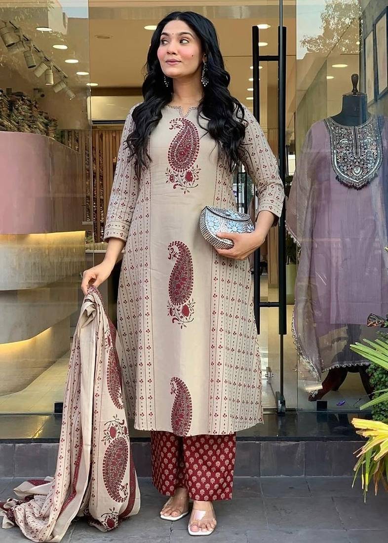 cream & maroon paisley hand block print cotton straight kurta palazzo set with dupatta