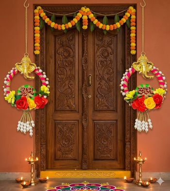 shubh labh ganesh decorative door hanging set with artificial roses pearl bead decoration (pack of 2) 2