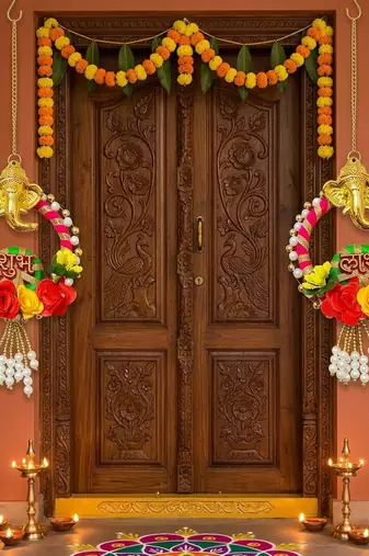 shubh labh ganesh decorative door hanging set with artificial roses pearl bead decoration (pack of 2)