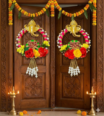 shubh labh ganesh decorative door hanging set with artificial roses pearl bead decoration (pack of 2) 3