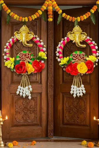 shubh labh ganesh decorative door hanging set with artificial roses pearl bead decoration (pack of 2)