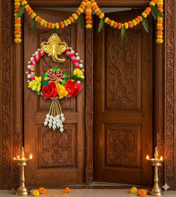 shubh labh ganesh decorative door hanging set with artificial roses pearl bead decoration (pack of 2) 4