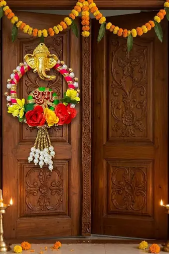 shubh labh ganesh decorative door hanging set with artificial roses pearl bead decoration (pack of 2)