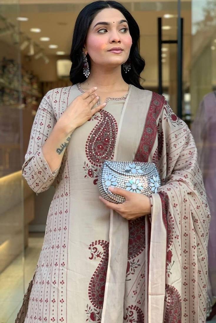 cream & maroon paisley hand block print cotton straight kurta palazzo set with dupatta
