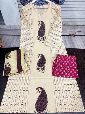 cream & maroon paisley hand block print cotton straight kurta palazzo set with dupatta 5