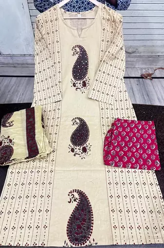 cream & maroon paisley hand block print cotton straight kurta palazzo set with dupatta