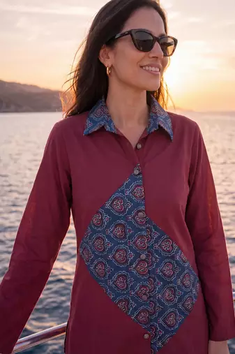  maroon cotton patch work shirt