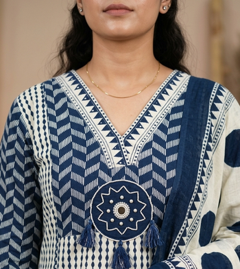navy blue & beige chevron block printed handwork cotton straight kurta set 4