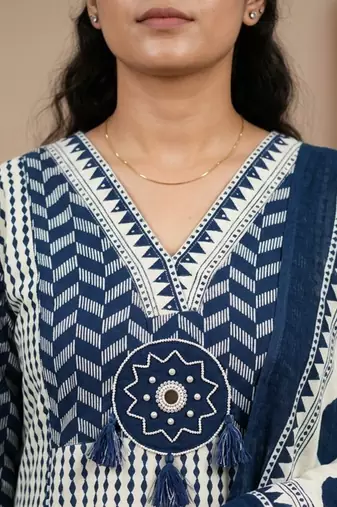 navy blue & beige chevron block printed handwork cotton straight kurta set
