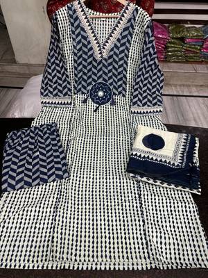 navy blue & beige chevron block printed handwork cotton straight kurta set 5