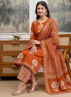rust orange hand block floral printed pintex work cotton straight kurta set 2