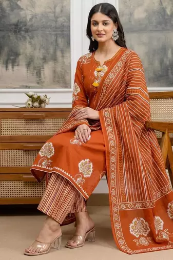 rust orange hand block floral printed pintex work cotton straight kurta set
