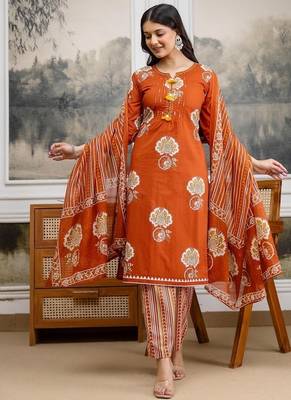 rust orange hand block floral printed pintex work cotton straight kurta set 3