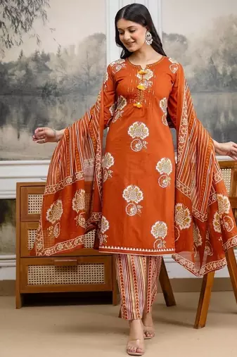 rust orange hand block floral printed pintex work cotton straight kurta set