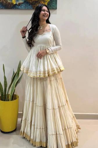 White Gota Patti work and Lampi lace border Cotton Navratri Lahenga Kediyu 