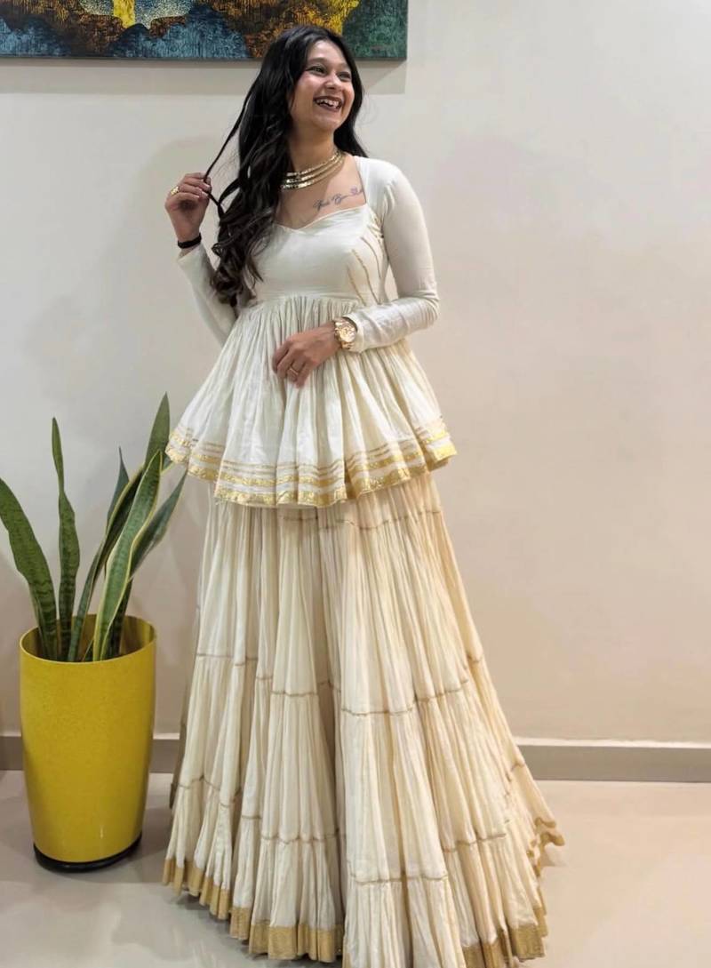 White Gota Patti work and Lampi lace border Cotton Navratri Lahenga Kediyu 