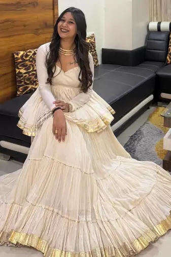 White Gota Patti work and Lampi lace border Cotton Navratri Lahenga Kediyu 