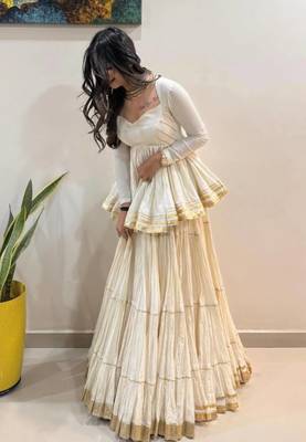 White Gota Patti work and Lampi lace border Cotton Navratri Lahenga Kediyu  3